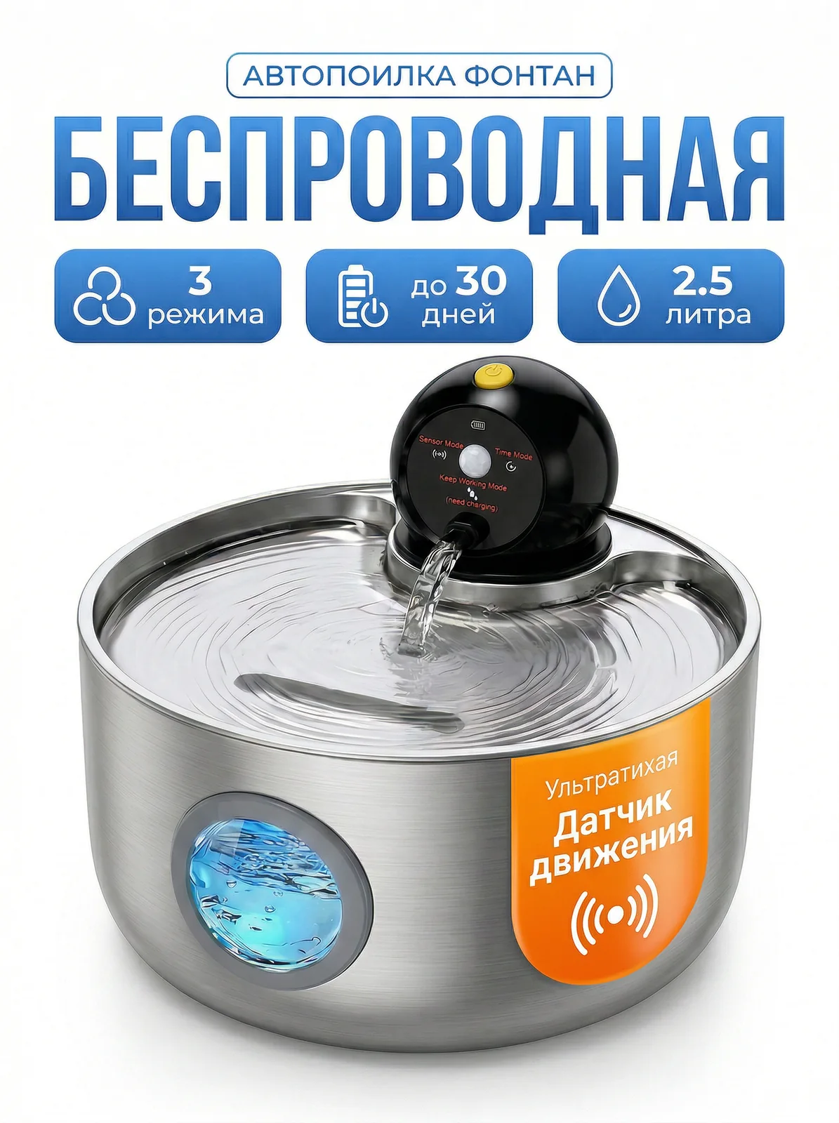 Автопоилка‑фонтан 2,5 л с датчиком движения