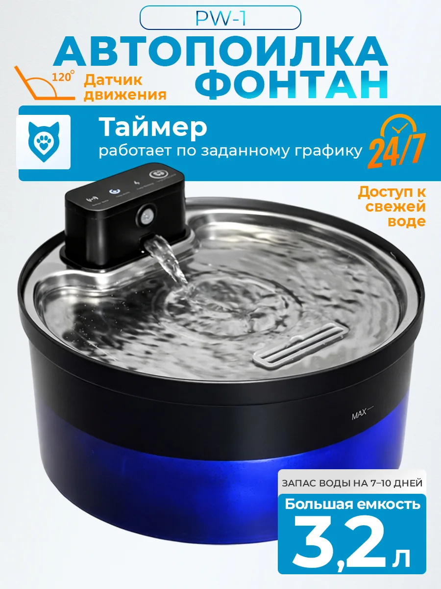 Беспроводная автопоилка‑фонтан 3,2 л