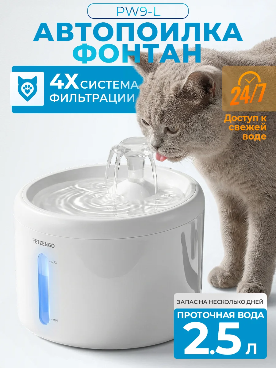Автопоилка‑фонтан 2,5 л с подсветкой